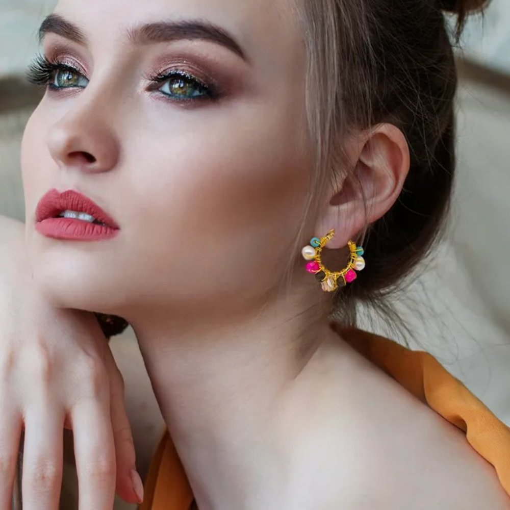 Crystal Gem Beaded Ethnic Boho Colorful Hoop Earrings - NEW
